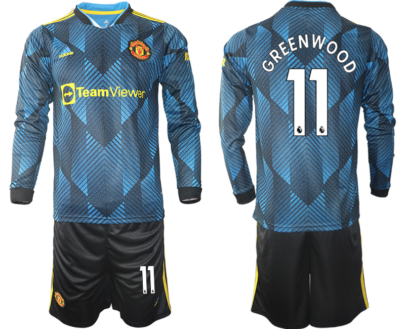 Men 2021-2022 Club Manchester united second away blue Long Sleeve #11 Soccer Jersey